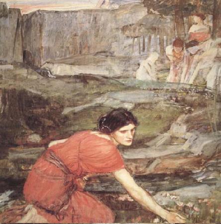 John William Waterhouse Study:Maiidens picking Flowers by a Stream (mk41) Norge oil painting art